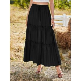 Flare Hem Pleated Solid Chiffon Maxi Skirt